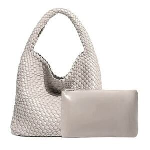 On-Trend Woven Vegan Leather Hobo Tote Shoulder Bag Off White NWT